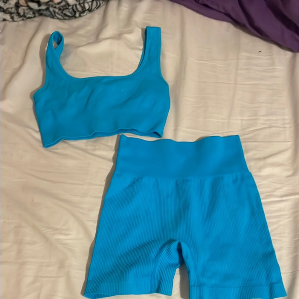 Blue Ribbed Crop Top and Shorts Set